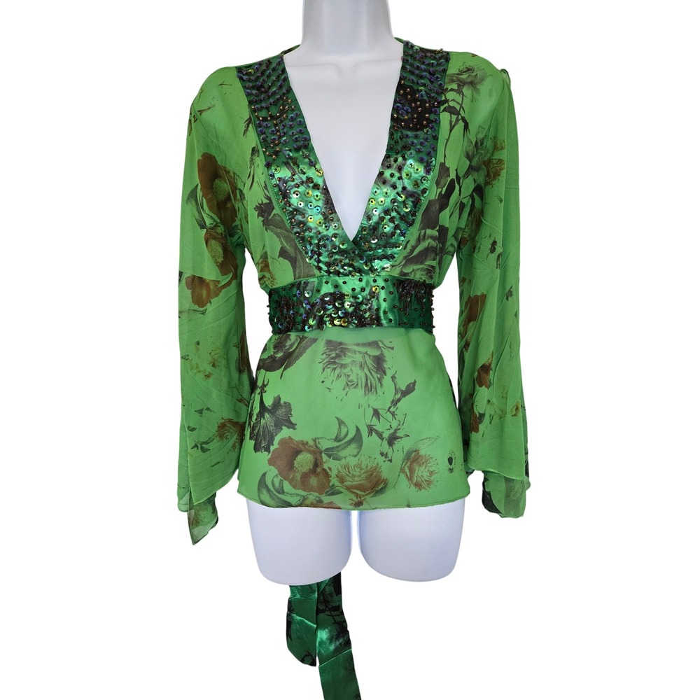 Mikino Green Floral Sequin Beaded Bell Sleeve Blouse Top S Y2K Boho Maximalist
